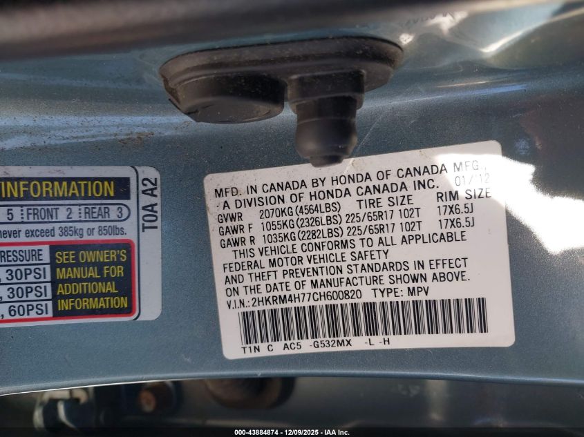 2012 Honda Cr-V Ex-L VIN: 2HKRM4H77CH600820 Lot: 43884874