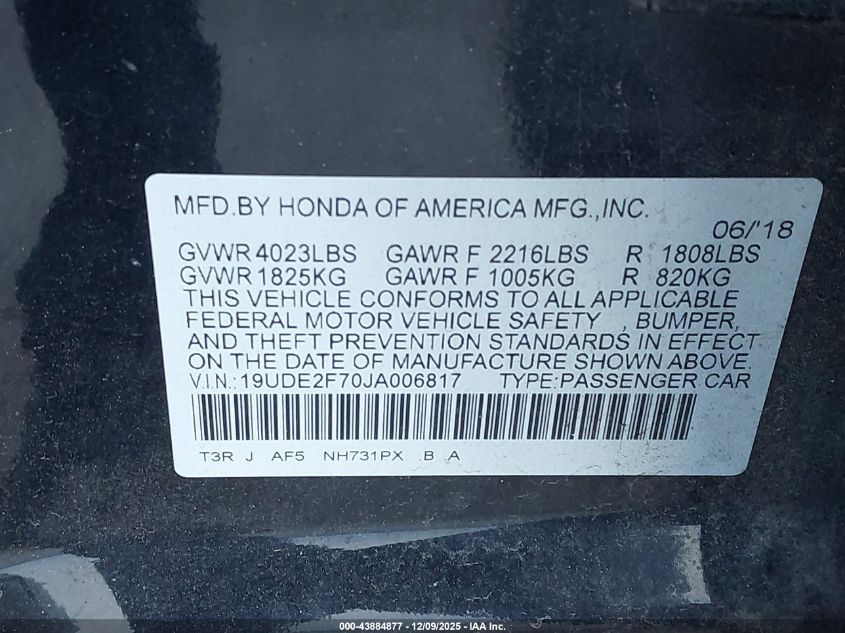 2018 Acura Ilx Premium Package/Technology Plus Package VIN: 19UDE2F70JA006817 Lot: 43884877