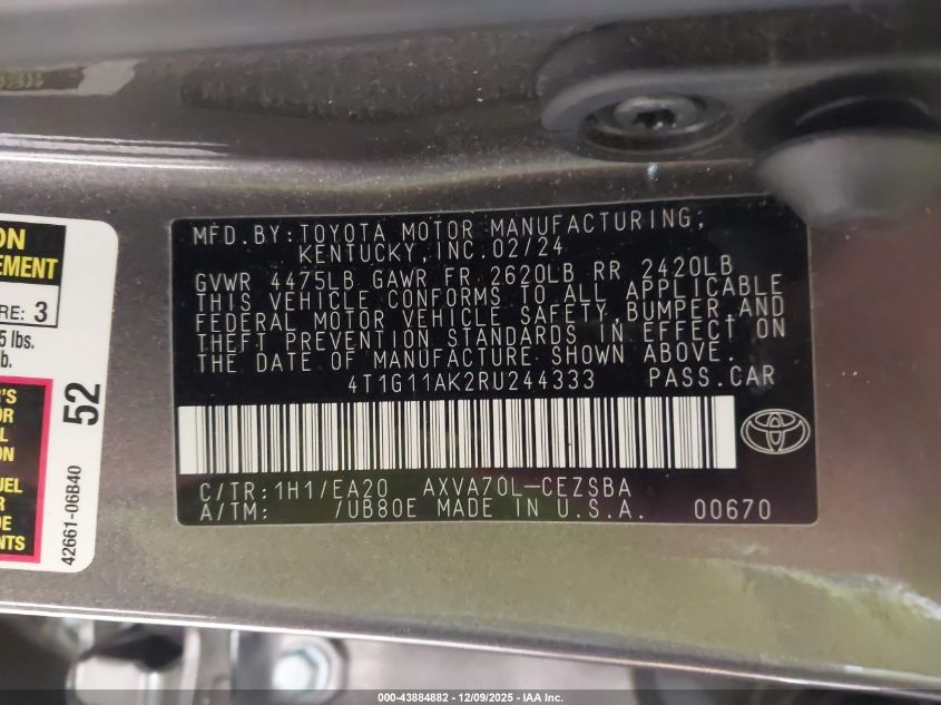 2024 Toyota Camry Se VIN: 4T1G11AK2RU244333 Lot: 43884882