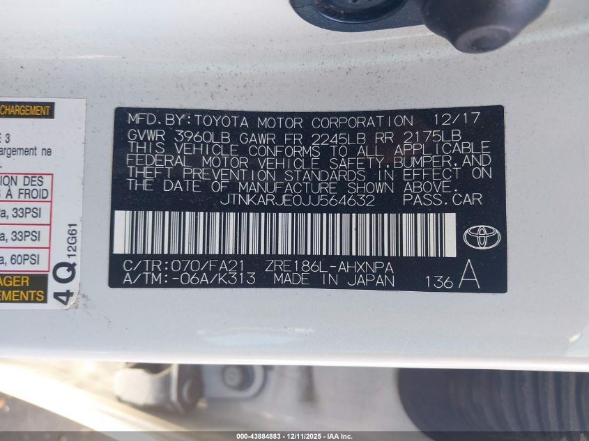 2018 Toyota Corolla Im VIN: JTNKARJE0JJ564632 Lot: 43884883