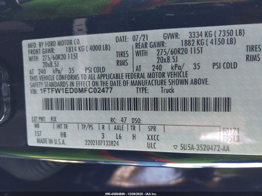 2021 Ford F-150 Lariat VIN: 1FTFW1ED0MFC02477 Lot: 43884886
