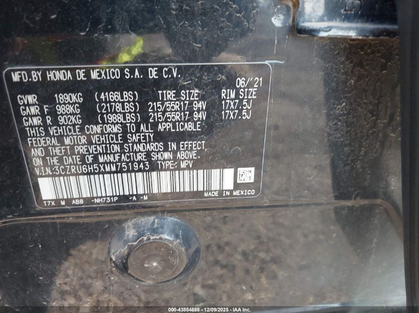 2021 Honda Hr-V Awd Ex VIN: 3CZRU6H5XMM751943 Lot: 43884888