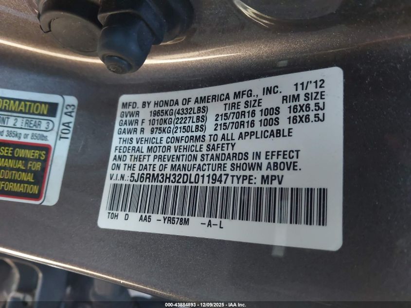 2013 Honda Cr-V Lx VIN: 5J6RM3H32DL011947 Lot: 43884893