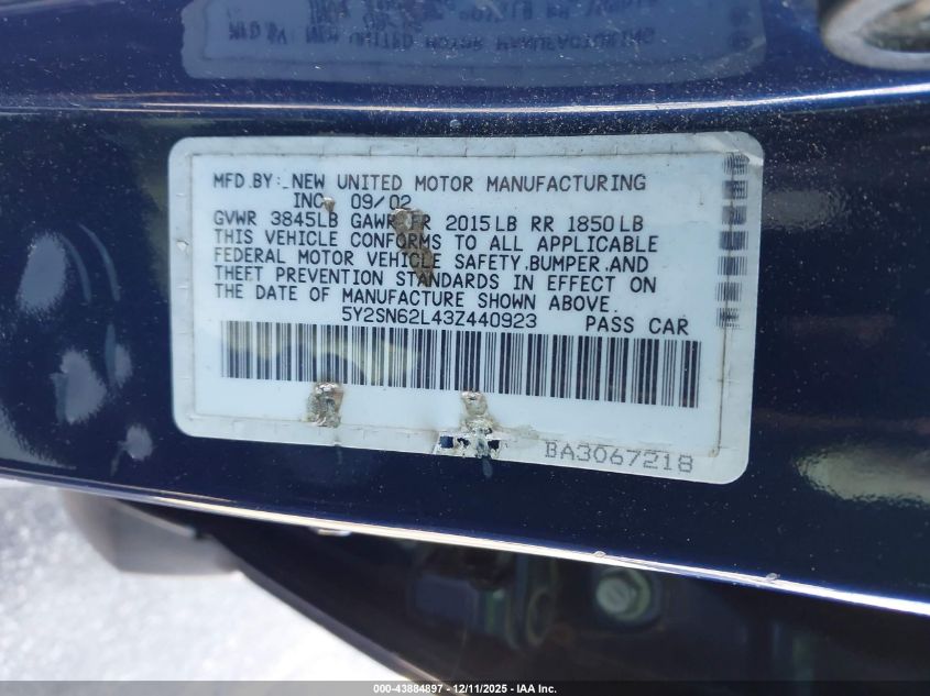 2003 Pontiac Vibe Gt VIN: 5Y2SN62L43Z440923 Lot: 43884897