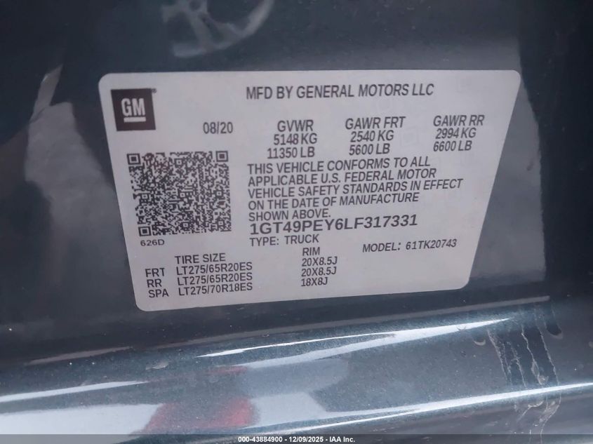 2020 GMC Sierra 2500Hd 4Wd Standard Bed At4 VIN: 1GT49PEY6LF317331 Lot: 43884900