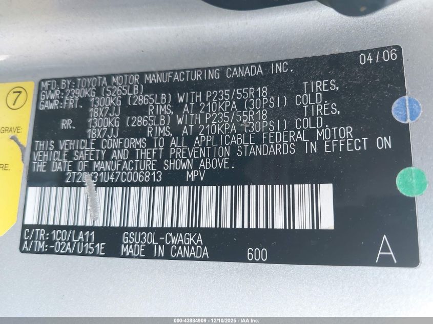 2007 Lexus Rx 350 VIN: 2T2GK31U47C006813 Lot: 43884909