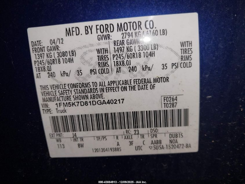 2013 Ford Explorer Xlt VIN: 1FM5K7D81DGA40217 Lot: 43884913