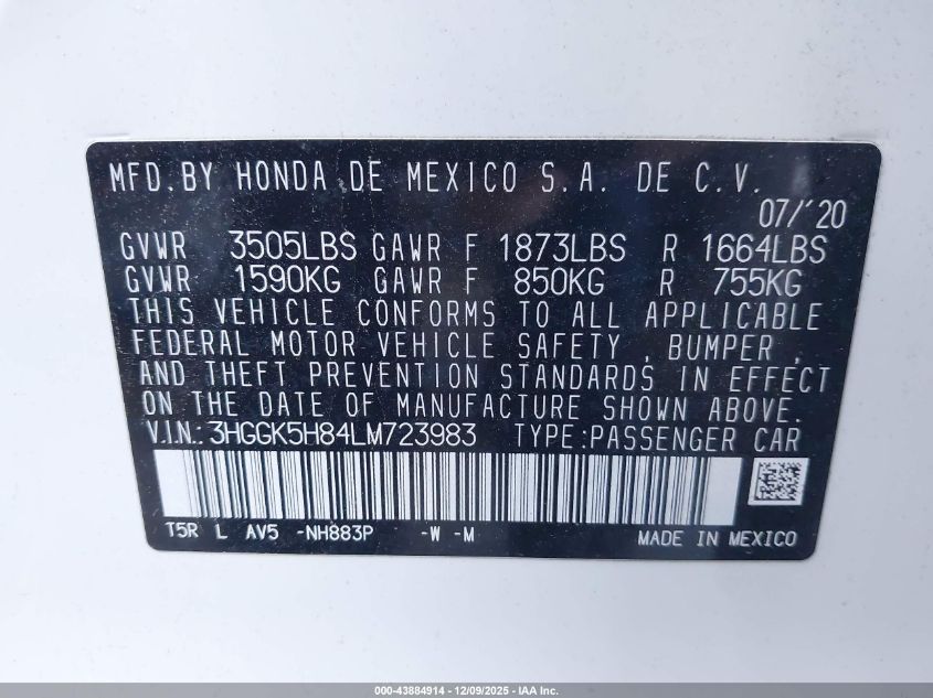 2020 Honda Fit Ex VIN: 3HGGK5H84LM723983 Lot: 43884914