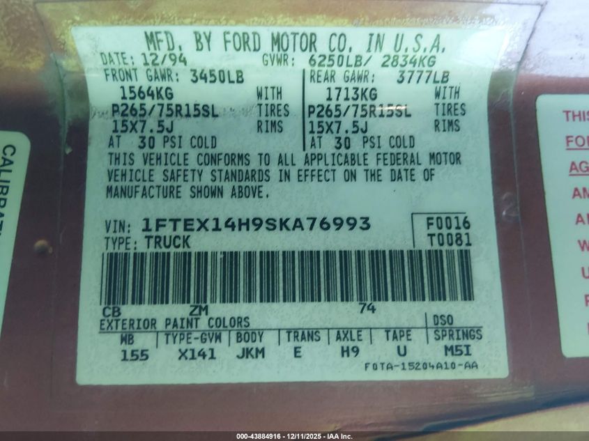 1995 Ford F150 VIN: 1FTEX14H9SKA76993 Lot: 43884916