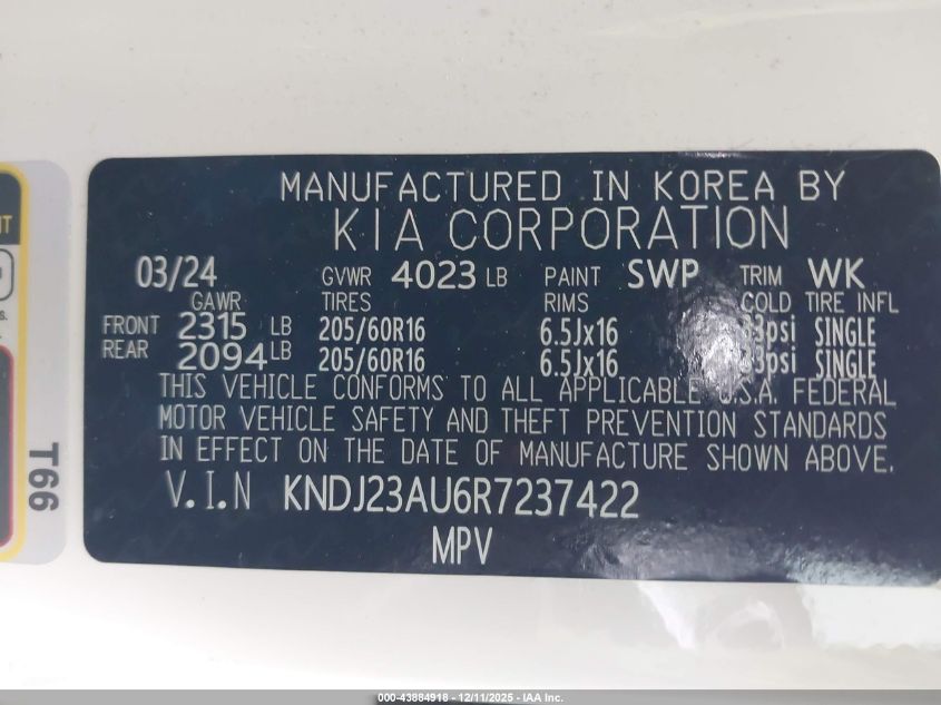 2024 Kia Soul S VIN: KNDJ23AU6R7237422 Lot: 43884918