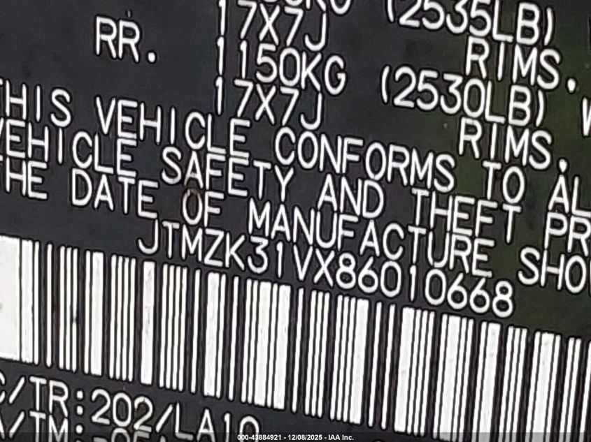 2008 Toyota Rav4 Limited V6 VIN: JTMZK31VX86010668 Lot: 43884921