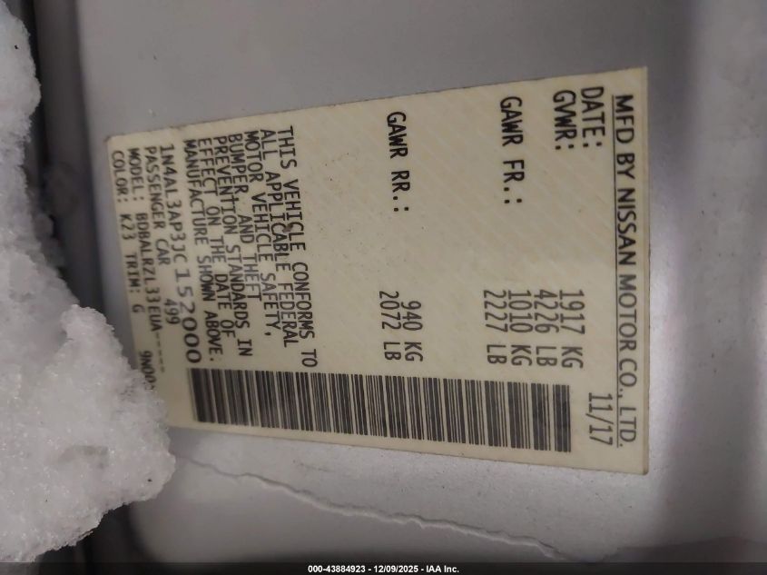 2018 Nissan Altima 2.5 Sl VIN: 1N4AL3AP3JC152000 Lot: 43884923