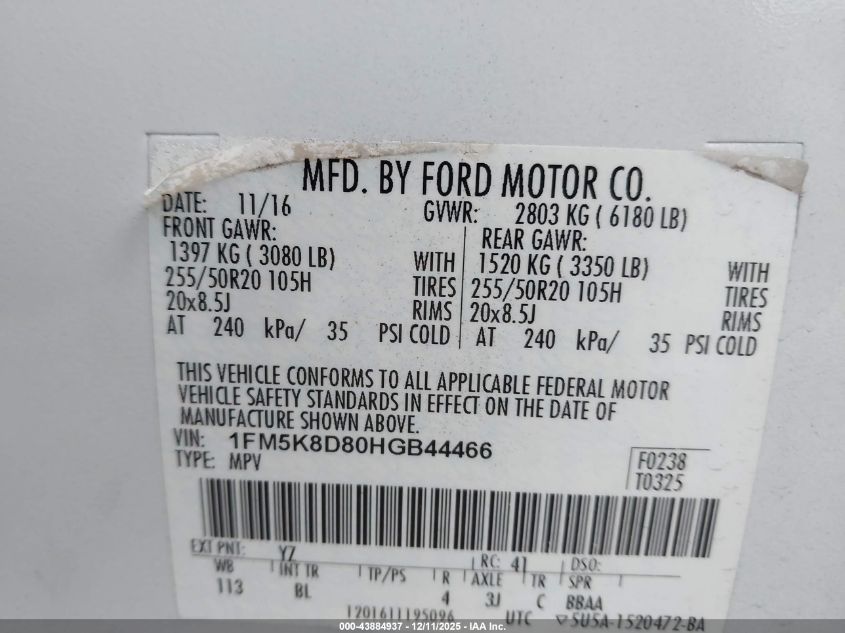 2017 Ford Explorer Xlt VIN: 1FM5K8D80HGB44466 Lot: 43884937