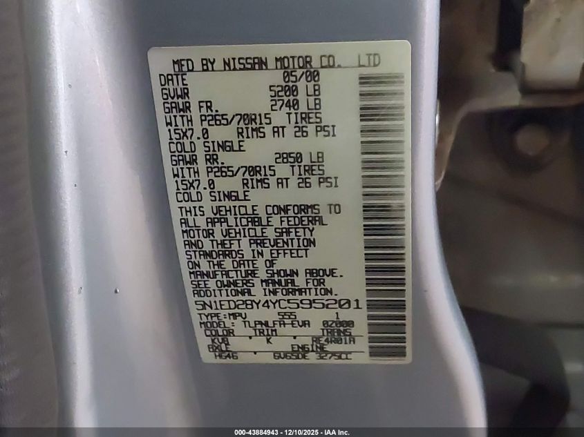 2000 Nissan Xterra Se/Xe VIN: 5N1ED28Y4YC595201 Lot: 43884943