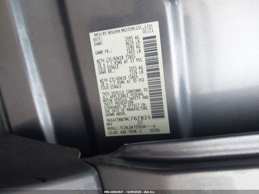 2021 Nissan Rogue Sv Intelligent Awd VIN: 5N1AT3BB7MC767825 Lot: 43884947