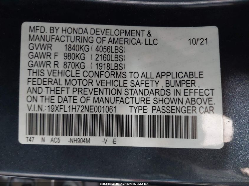 2022 Honda Civic Ex-L VIN: 19XFL1H72NE001061 Lot: 43884948