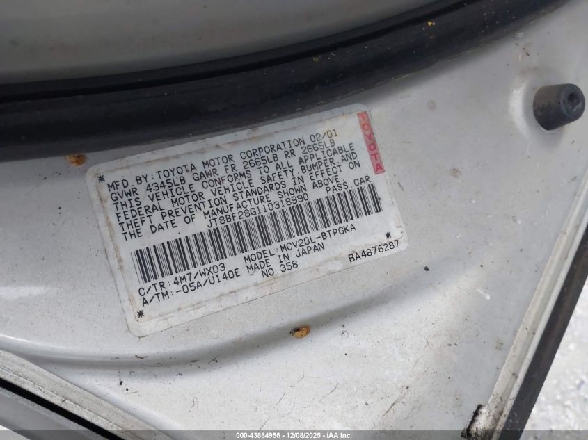 2001 Lexus Es 300 VIN: JT8BF28G110318990 Lot: 43884956