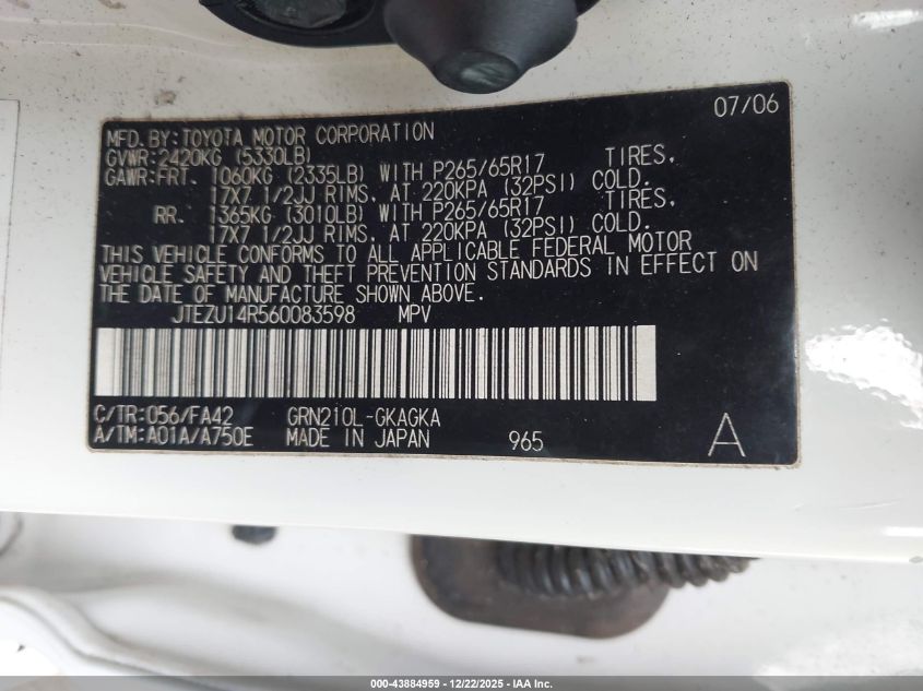 2006 Toyota 4Runner Sr5 V6 VIN: JTEZU14R560083598 Lot: 43884959