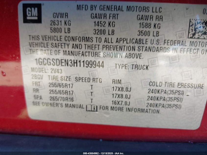 2017 Chevrolet Colorado Z71 VIN: 1GCGSDEN3H1199944 Lot: 43884962