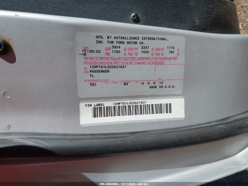 2002 Mercury Cougar V6 VIN: 1ZWFT61L025621637 Lot: 43884964