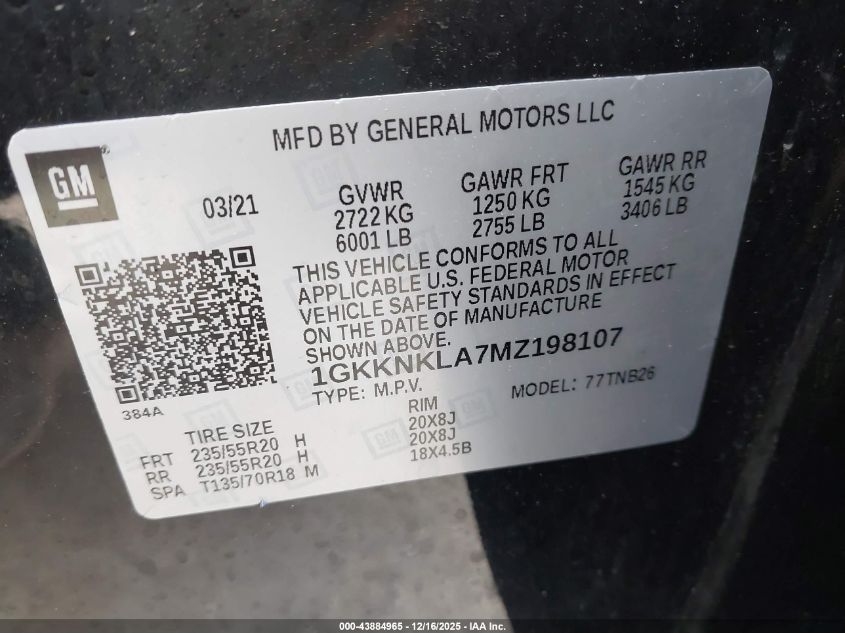 2021 GMC Acadia Fwd Sle VIN: 1GKKNKLA7MZ198107 Lot: 43884965