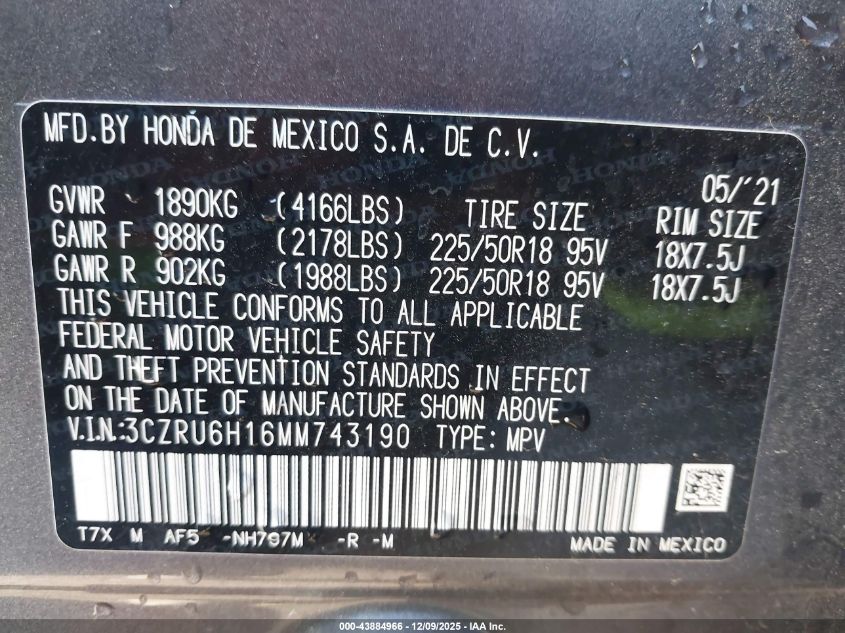 2021 Honda Hr-V Awd Sport VIN: 3CZRU6H16MM743190 Lot: 43884966