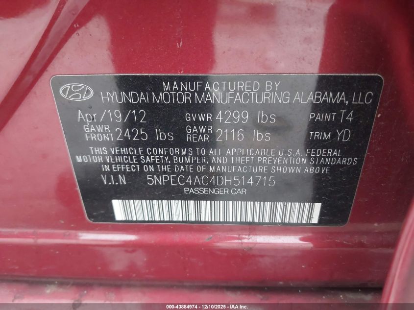 2013 Hyundai Sonata Limited VIN: 5NPEC4AC4DH514715 Lot: 43884974