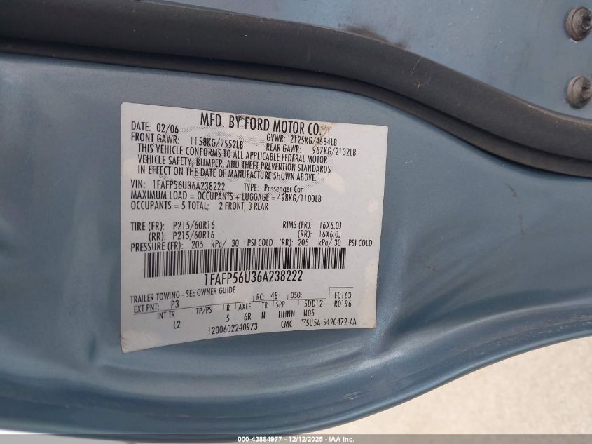 2006 Ford Taurus Sel VIN: 1FAFP56U36A238222 Lot: 43884977