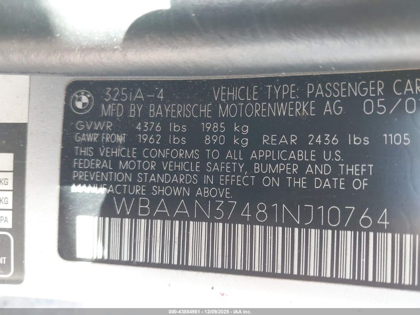 2001 BMW 325I VIN: WBAAN37481NJ10764 Lot: 43884981