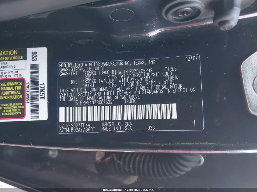 2008 Toyota Tundra Sr5 5.7L V8 VIN: 5TFRV54178X045321 Lot: 43884988