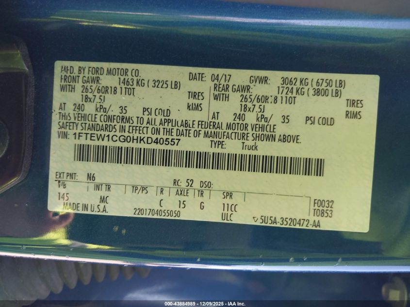 2017 Ford F-150 Xlt VIN: 1FTEW1CG0HKD40557 Lot: 43884989
