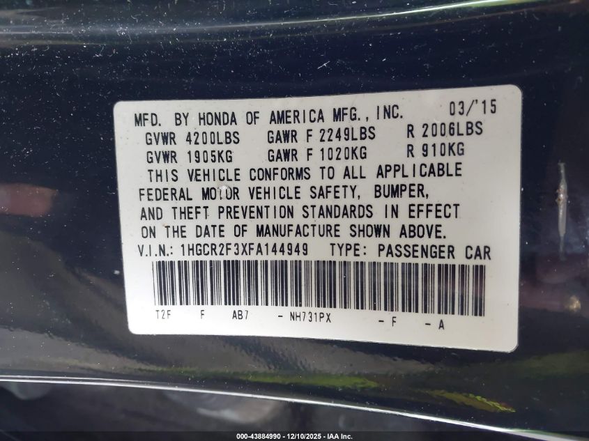 2015 Honda Accord Lx VIN: 1HGCR2F3XFA144949 Lot: 43884990