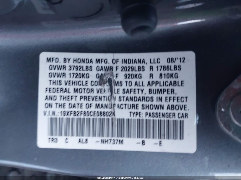 2012 Honda Civic Ex VIN: 19XFB2F80CE088024 Lot: 43884997