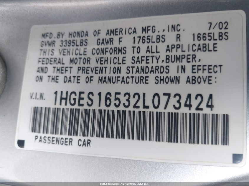 2002 Honda Civic Lx VIN: 1HGES16532L073424 Lot: 43885003