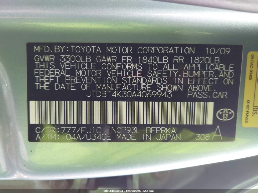 2010 Toyota Yaris VIN: JTDBT4K30A4069943 Lot: 43885004