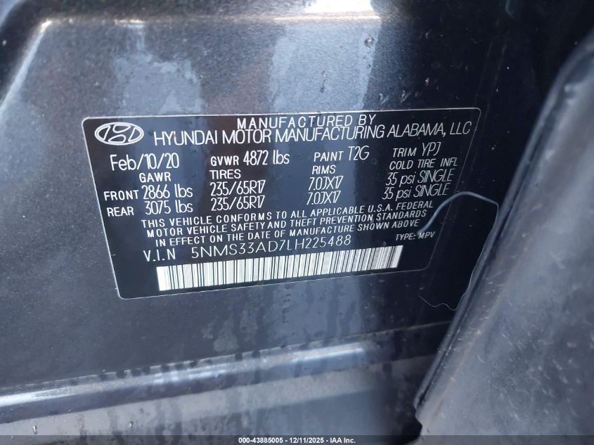 2020 Hyundai Santa Fe Sel VIN: 5NMS33AD7LH225488 Lot: 43885005
