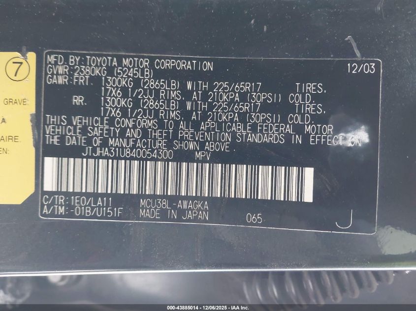 2004 Lexus Rx 330 VIN: JTJHA31U840054300 Lot: 43885014