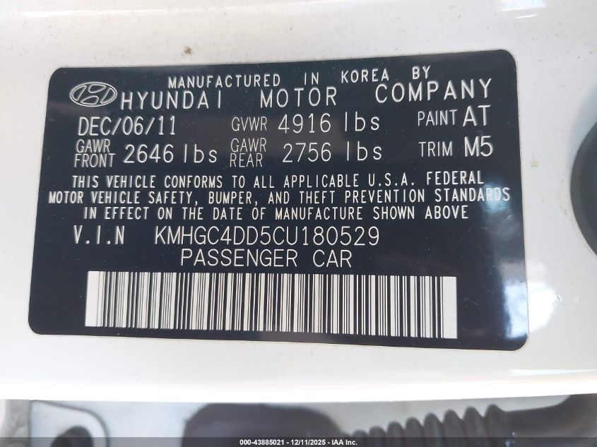 2012 Hyundai Genesis 3.8 VIN: KMHGC4DD5CU180529 Lot: 43885021