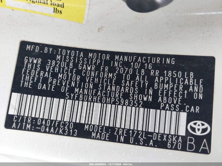 2017 Toyota Corolla Se VIN: 5YFBURHE0HP598352 Lot: 43885024