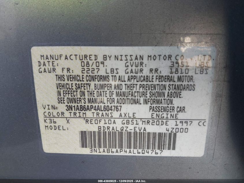 2010 Nissan Sentra 2.0 VIN: 3N1AB6AP4AL604767 Lot: 43885025