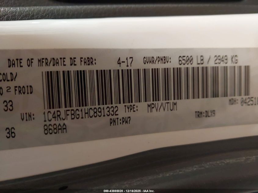 2017 Jeep Grand Cherokee Limited VIN: 1C4RJFBG1HC891332 Lot: 43885028