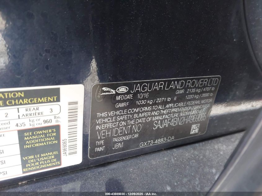 2017 Jaguar Xe 20D R-Sport VIN: SAJAF4BN2HA969065 Lot: 43885030