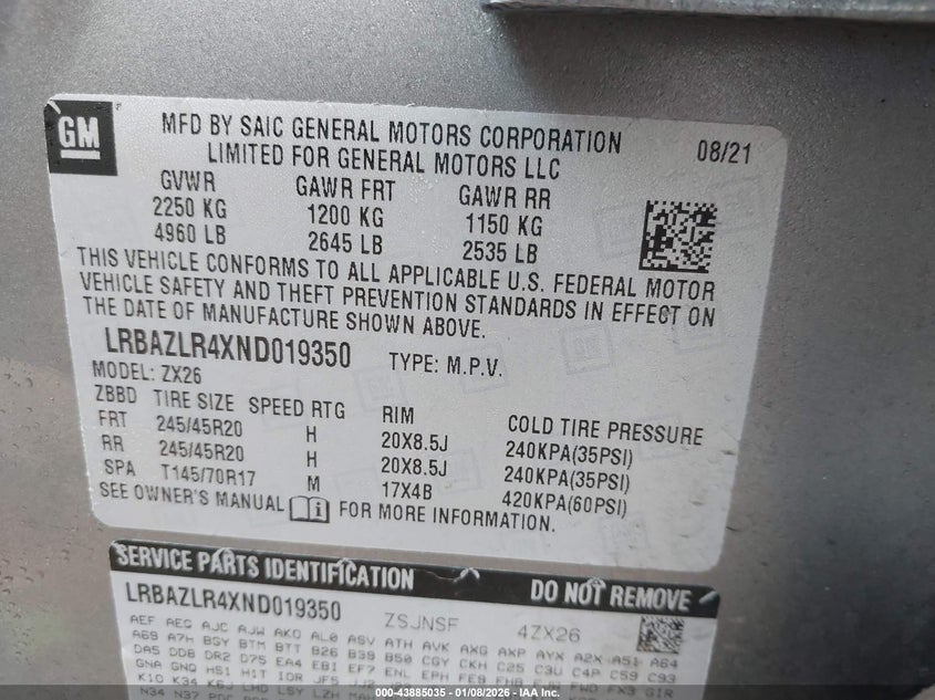 2022 Buick Envision Fwd Preferred VIN: LRBAZLR4XND019350 Lot: 43885035