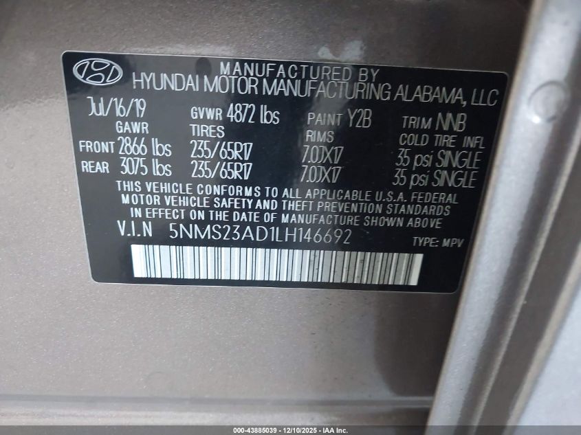 2020 Hyundai Santa Fe Se VIN: 5NMS23AD1LH146692 Lot: 43885039