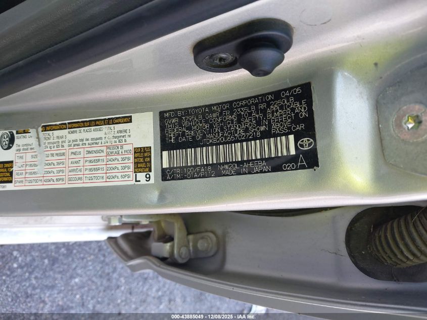 2005 Toyota Prius VIN: JTDKB20U657027218 Lot: 43885049