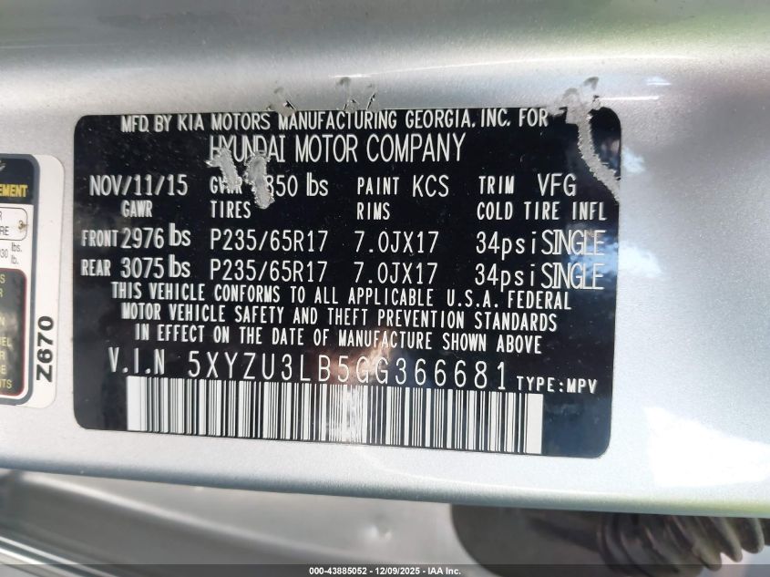 2016 Hyundai Santa Fe Sport 2.4L VIN: 5XYZU3LB5GG366681 Lot: 43885052