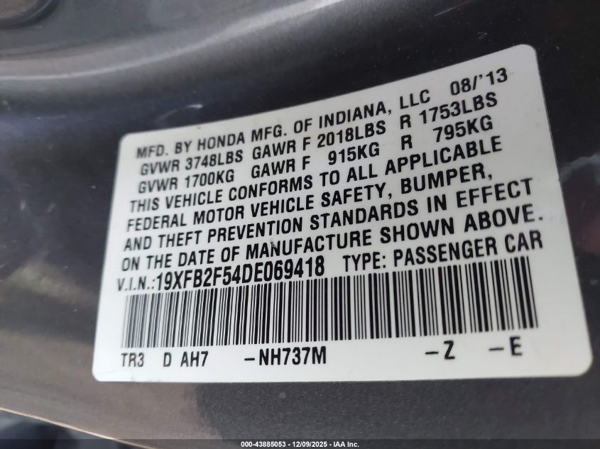 2013 Honda Civic Lx VIN: 19XFB2F54DE069418 Lot: 43885053