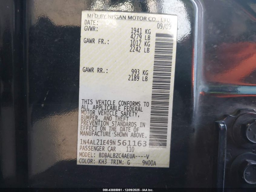 2009 Nissan Altima 2.5 S VIN: 1N4AL21E49N561163 Lot: 43885061