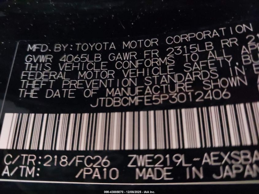 2023 Toyota Corolla Hybrid Se Infrared VIN: JTDBCMFE5P3012406 Lot: 43885070