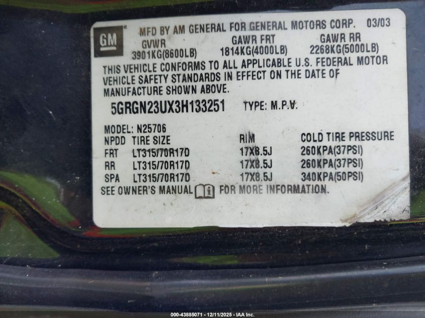 2003 Hummer H2 VIN: 5GRGN23UX3H133251 Lot: 43885071